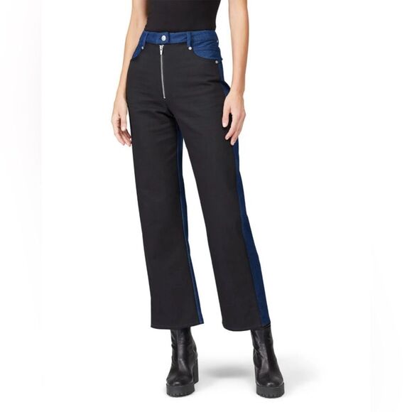 Veda New Eclipse Colorblock High Rise Wide Leg Two Tone Jeans Black Blue 10 - Picture 2 of 9